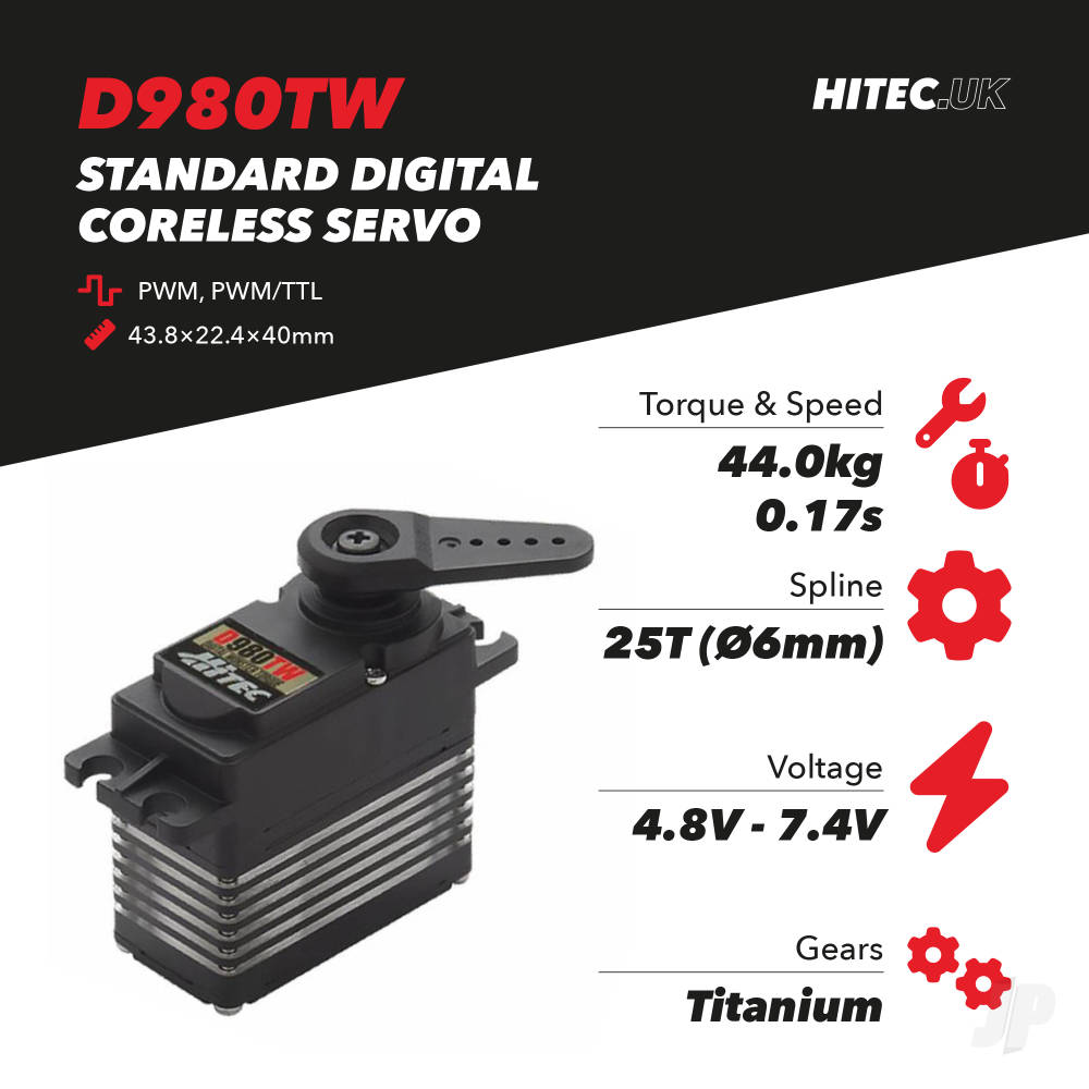 Hitec D980TW Standard Digital Coreless Servo 79g 44kg/0.17s 4.8V - 7.4V