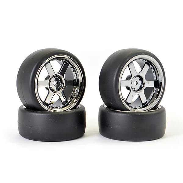 Fastrax 1/10 (4) Drift D1 Tyre W/3mm 6-spoke Wheel- Bk Chrome