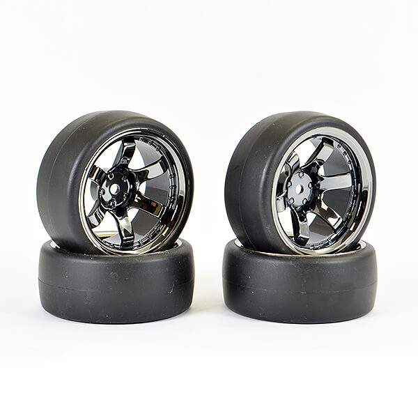 Fastrax 1/10 (4) Drift D1 Tyre W/9mm 6-spoke Wheel- Bk Chrome